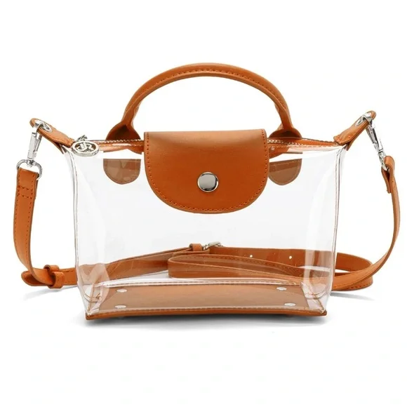 NEW Clear PVC Transparent Two-Way Tote Bag w/ Brown Accents Crossbody Stadium - Picture 3 of 4